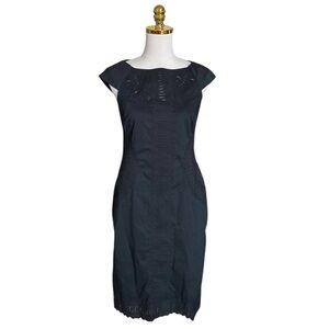 KAREN MILLEN Black Cotton Blend Cap Sleeve Laser Cutout Office Dress Women’s 10